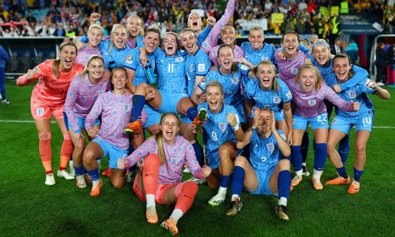England’s Lionesses celebrate their semi-final victory over Australia. Photograph: Naomi Baker/The FA/Getty Images